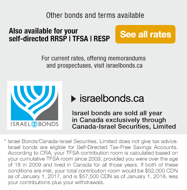 Israel bonds are sold all year in Canada exclusively through Canada-Israel Securities, Limited