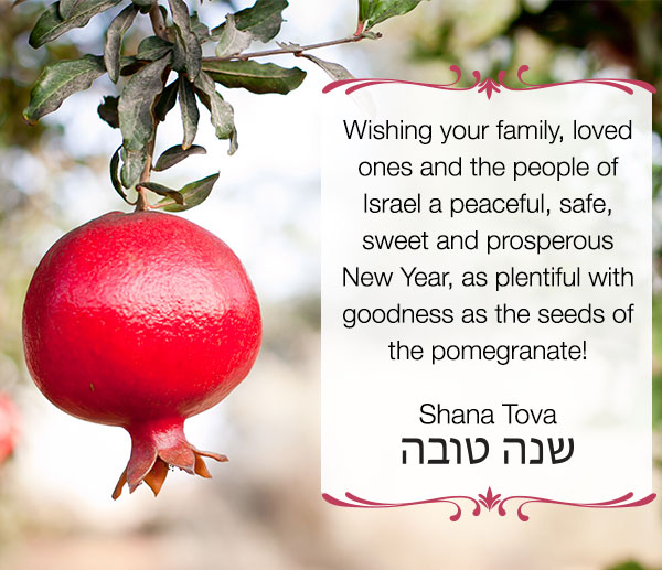 Wishing your family, loved ones and the people of Israel a peaceful, safe, sweet and prosperous New Year, as plentiful with goodness as the seeds of the pomegranate! Shana Tova