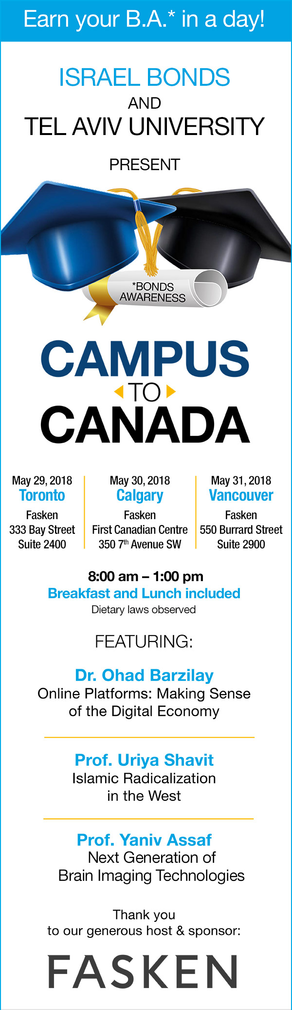 Israel Bonds and Tel Aviv University Present Campus to Canada - May 29-31 2018 in Toronto, Calgary and Vancouver