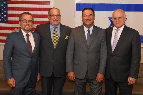 From left, Arthur Stark, Chairman of Conference of Presidents, Howard Goldstein, Board Chairman of Israel Bonds, Israel Maimon, President & CEO of Israel Bonds, Malcolm Hoenlein, CEO of Conference of Presidents at Israel Bonds headquarters in New York